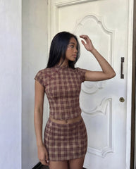 Mandarin Collar Plaid Top & Mid Rise Zipper Mini Skort Set