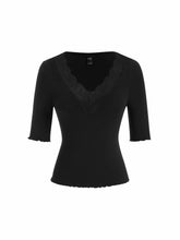 Cotton-blend V-neck Mid-length Sleeve Lace Trim Lettuce Trim Top