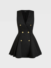 V-neck Solid Button Ruffle Hem Mini Dress