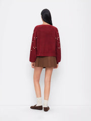 Knit V-neck Faux Pearl Lantern Sleeve Oversized Cardigan