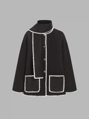 Contrasting Stitching Jacket With Scarf