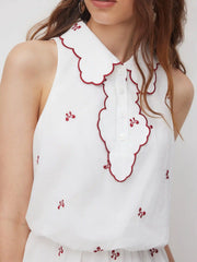 Cotton-blend Bowknot Embroidery Contrasting Binding Wave Hem Mini Dress