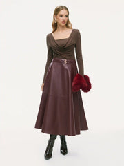 Faux Leather Mid Rise Belted Zipper Midi Skirt