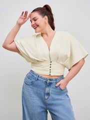 Cotton-blend V-neck Solid Ruched Button Top Curve & Plus