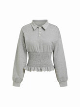 Cotton-blend Collar Smocking Ruffled Hem Sweatshirt