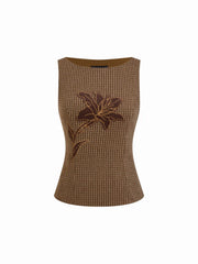 Tweed Floral Applique Check Boat Neck Top