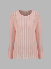 Knit Round Neckline Solid See-through Striped Long Sleeve Top