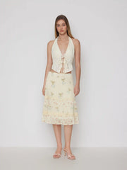 Chiffon Ditsy Floral Low Rise Tiered Lace Trim Midi Skirt