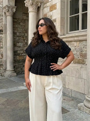Polka Dot Ruched Cinched Waist Batwing Sleeve Blouse Curve & Plus