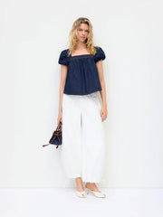 Washed Denim Square Neck Puff Sleeve Drawstring Oversized Blouse