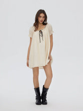 Cotton-blend Puff Sleeve Twist Knotted Scoop Neck Smock Mini Dress