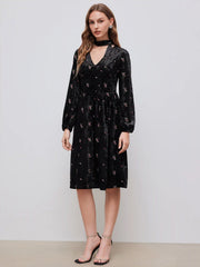 Velvet V-neck Floral Embroidery Midi Dress With Scarf