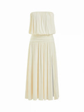 Draped Strapless Ruched Side Slit Flared Maxi Dress