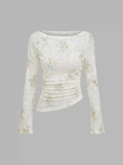 Top de manga larga floral asimétrico con estampado de cuello en barco