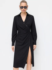 V-neck Split Ruched Long Sleeve Midi Dress