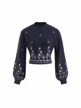 Knit Floral High Neck Lantern Sleeve Crop Top