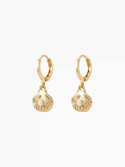 FAUX PEARL & RHINESTONE DECOR SHELL DROP HOOP EARRINGS
