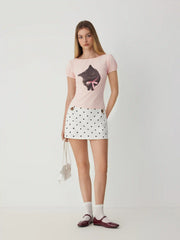 Cotton-blend Cat Print Boat Neck Puff Sleeve Top
