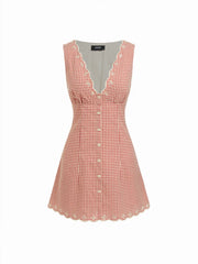 Cotton-blend Gingham V-neck Scallop Hem A-line Mini Dress