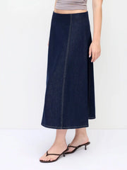 Stretch Denim High Rise Washed Pleated A-line Flare Midi Skirt