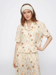 Food Graphic Collar Oversized Cropped Top & Mid Rise Drawstring Wide Leg Trousers Loungewear Set