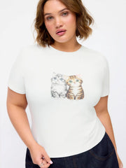 Cotton-blend Cat Graphic Bowknot Short Sleeve Tee Curve & Plus