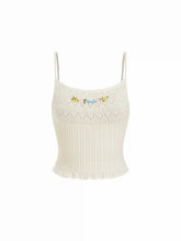 Knit Pointelle Floral Embroidery Square Neck Crop Cami Top
