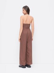 Halter Neckline Houndstooth Wide Leg Jumpsuit With Belt