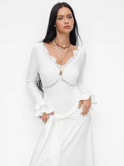 V-neck Lace Ruffled Knotted Bell Sleeve Maxi Dress