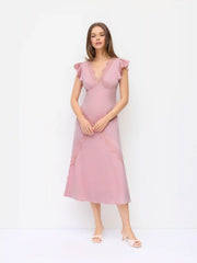 Satin V Neck Ruffle Sleeve Lace Maxi Dress