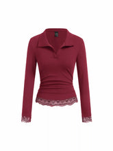 Collar Long Sleeve Contrasting Lace Ruched Top