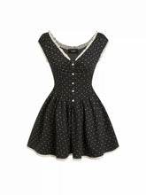 Jacquard Polka Dot V-neck Ruched Lace Trim Flared Mini Dress