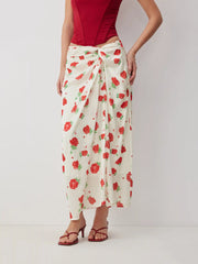 Satin Mid Rise Floral Wrap Bodycon Maxi Skirt