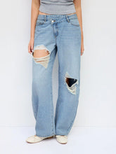 Denim Low Rise Barrel-Leg Ripped Jeans