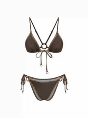Ring Linked Stripe V-neck Bowknot Bikini Swimsuit