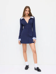 Cotton Collar Long Sleeve Two Tone Striped Mini Dress