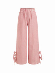 Cotton-blend High Rise Striped Wide Leg Trousers With Bowknot Cuffs