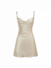 Satin Cowl Neck Bowknot Rhinestone Strap Mini Dress