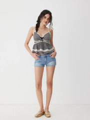 Cotton-blend Floral Lace Panel Peplum Hem Cami Top