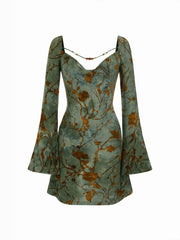 Jacquard Floral Sweetheart Bell Sleeve Mini Dress