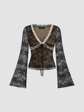 Lace V-neck Knotted Long Sleeve Top