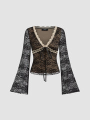 Lace V-neck Knotted Long Sleeve Top