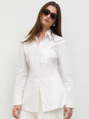 Cotton-blend Polo Button Up Ruched Shirt