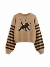 Knit Round Neckline Cat Striped Oversized Top