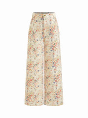 Cotton-blend Floral High Rise Straight Leg Trousers