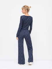 Waffle Ditsy Floral U-neckline Cropped Top & Mid Rise Drawstring Flared Trousers Set