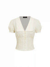 Cotton-blend Textured Lace Trim Puff Sleeve Blouse