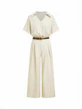 Collar Ruched Pleated High Rise Wide Leg Jumpsuit With Belt