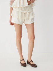 Mid Rise Lace Trim Tiered Micro Shorts