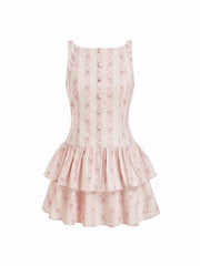 Cotton Floral Boat Neck Button Front Tiered Mini Dress